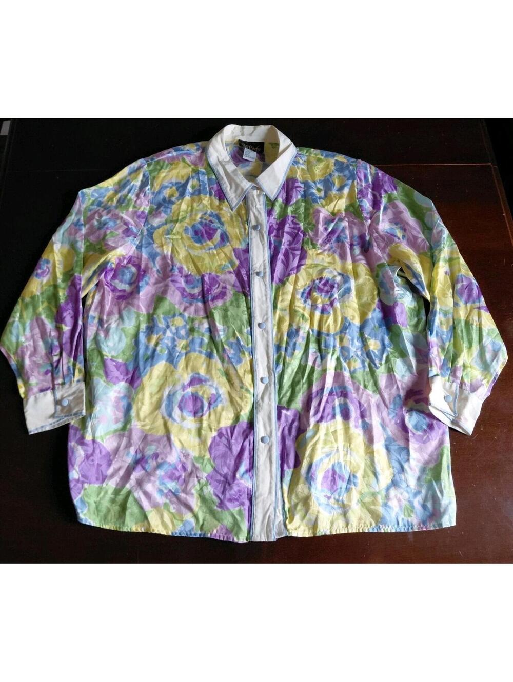 Bob Mackie Wearable Art Womens 2X Silk Blouse Floral Button Up Colorful Vibrant